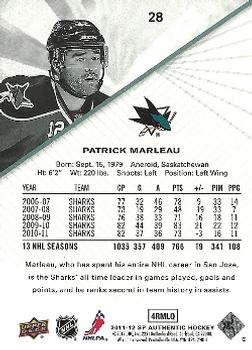 2011-12 SP Authentic #28 Patrick Marleau Back