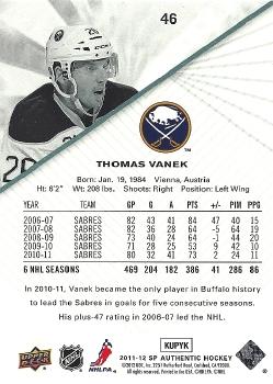 2011-12 SP Authentic #46 Thomas Vanek Back