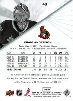 2011-12 SP Authentic #40 Craig Anderson Back