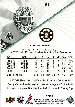 2011-12 SP Authentic #61 Tim Thomas Back