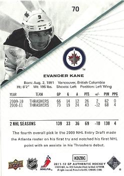 2011-12 SP Authentic #70 Evander Kane Back