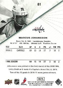 2011-12 SP Authentic #81 Marcus Johansson Back