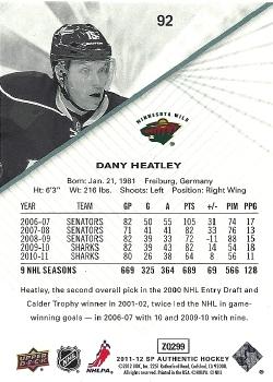 2011-12 SP Authentic #92 Dany Heatley Back