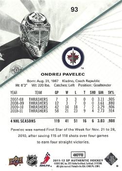 2011-12 SP Authentic #93 Ondrej Pavelec Back
