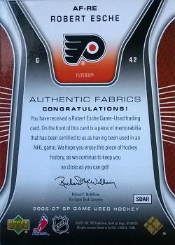 2006-07 SP Game Used - Authentic Fabrics Patches #AF-RE Robert Esche Back