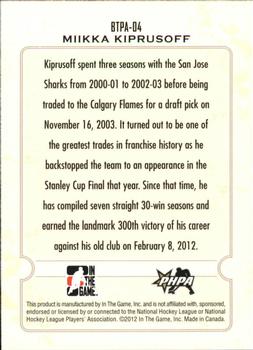2011-12 In The Game Between The Pipes - 10th Anniversary #BTPA-04 Miikka Kiprusoff Back