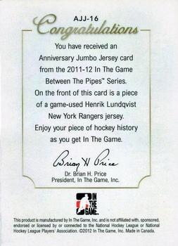 2011-12 In The Game Between The Pipes - Anniversary Jumbo Jersey #AJJ-16 Henrik Lundqvist Back