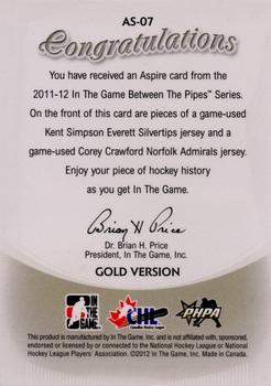 2011-12 In The Game Between The Pipes - Aspire Gold #AS-07 Kent Simpson / Corey Crawford Back