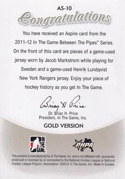 2011-12 In The Game Between The Pipes - Aspire Gold #AS-10 Jacob Markstrom / Henrik Lundqvist Back