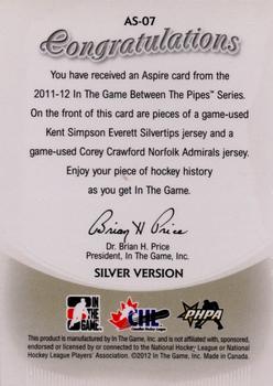 2011-12 In The Game Between The Pipes - Aspire Silver #AS-07 Kent Simpson / Corey Crawford Back