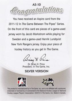 2011-12 In The Game Between The Pipes - Aspire Silver #AS-10 Jacob Markstrom / Henrik Lundqvist Back