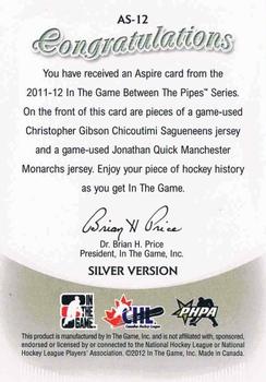 2011-12 In The Game Between The Pipes - Aspire Silver #AS-12 Christopher Gibson / Jonathan Quick Back