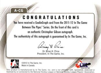 2011-12 In The Game Between The Pipes - Authentic Goaliegraph #A-CG Christopher Gibson Back