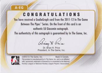 2011-12 In The Game Between The Pipes - Authentic Goaliegraph #A-EG Ed Giacomin Back