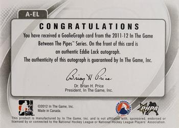2011-12 In The Game Between The Pipes - Authentic Goaliegraph #A-EL Eddie Lack Back