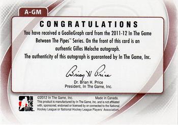 2011-12 In The Game Between The Pipes - Authentic Goaliegraph #A-GM Gilles Meloche Back