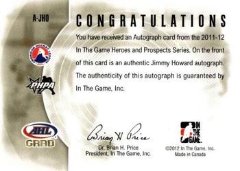2011-12 In The Game Between The Pipes - Authentic Goaliegraph #A-JHO Jimmy Howard Back