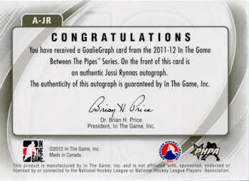 2011-12 In The Game Between The Pipes - Authentic Goaliegraph #A-JR Jussi Rynnas Back
