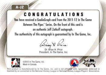 2011-12 In The Game Between The Pipes - Authentic Goaliegraph #A-JZ Jeff Zatkoff Back