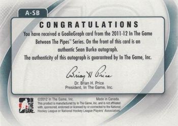 2011-12 In The Game Between The Pipes - Authentic Goaliegraph #A-SB Sean Burke Back