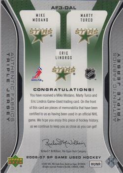 2006-07 SP Game Used - Authentic Fabrics Triple #AF3-DAL Mike Modano / Eric Lindros / Marty Turco Back
