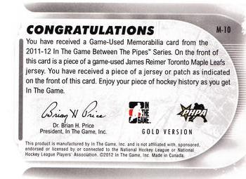 2011-12 In The Game Between The Pipes - Game Used Jersey Gold #M-10 James Reimer Back