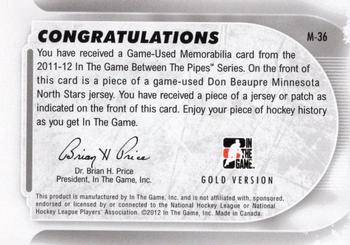 2011-12 In The Game Between The Pipes - Game Used Patch Gold #M-36 Don Beaupre Back