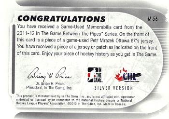 2011-12 In The Game Between The Pipes - Game Used Patch Silver #M-56 Petr Mrazek Back