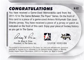 2011-12 In The Game Between The Pipes - Game Used Jersey Silver #M-02 Antero Niittymaki Back