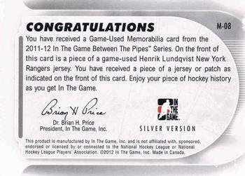 2011-12 In The Game Between The Pipes - Game Used Jersey Silver #M-08 Henrik Lundqvist Back