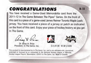 2011-12 In The Game Between The Pipes - Game Used Jersey Silver #M-10 James Reimer Back