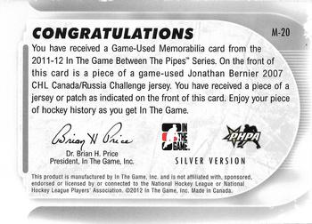2011-12 In The Game Between The Pipes - Game Used Jersey Silver #M-20 Jonathan Bernier Back