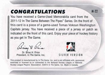 2011-12 In The Game Between The Pipes - Game Used Jersey Silver #M-22 Tomas Vokoun Back