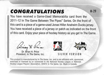 2011-12 In The Game Between The Pipes - Game Used Jersey Silver #M-29 Jonas Hiller Back