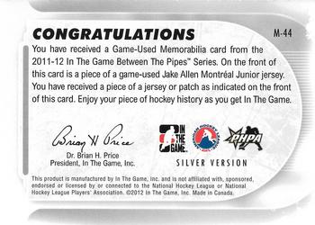 2011-12 In The Game Between The Pipes - Game Used Jersey Silver #M-44 Jake Allen Back