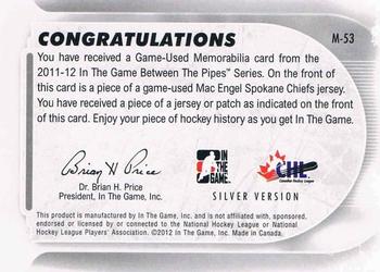 2011-12 In The Game Between The Pipes - Game Used Jersey Silver #M-53 Mac Engel Back