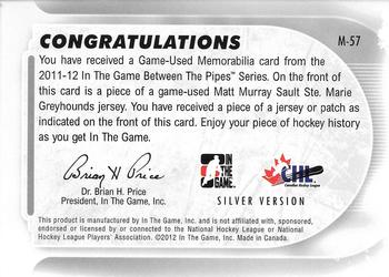 2011-12 In The Game Between The Pipes - Game Used Jersey Silver #M-57 Matt Murray Back