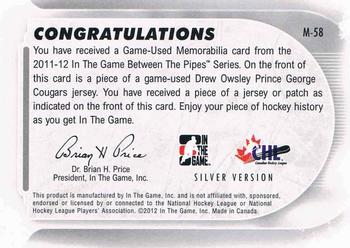 2011-12 In The Game Between The Pipes - Game Used Jersey Silver #M-58 Drew Owsley Back