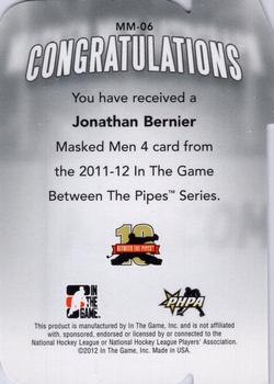 2011-12 In The Game Between The Pipes - Masked Men IV Ruby Die Cuts #MM-06 Jonathan Bernier Back