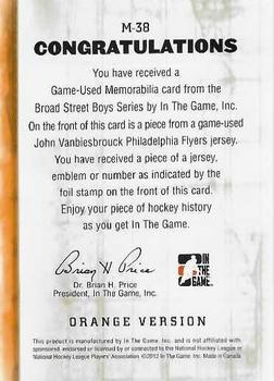2011-12 In The Game Broad Street Boys - Game-Used Jerseys Orange #M-38 John Vanbiesbrouck Back