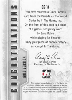 2011-12 In The Game Canada vs. The World - Global Greats Gold #GG-14 Saku Koivu Back