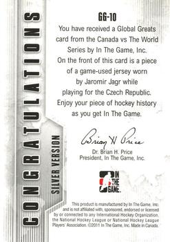 2011-12 In The Game Canada vs. The World - Global Greats Silver #GG-10 Jaromir Jagr Back