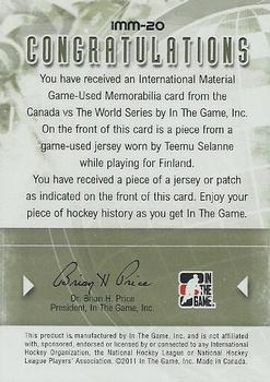2011-12 In The Game Canada vs. The World - International Materials Black #IMM-20 Teemu Selanne Back