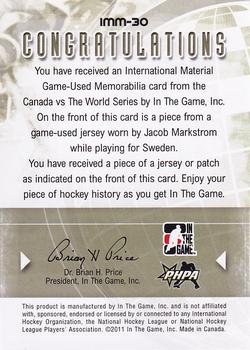 2011-12 In The Game Canada vs. The World - International Materials Black #IMM-30 Jacob Markstrom Back