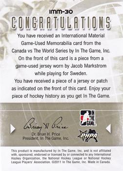 2011-12 In The Game Canada vs. The World - International Materials Gold #IMM-30 Jacob Markstrom Back