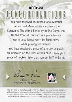 2011-12 In The Game Canada vs. The World - International Materials Patch Silver #IMM-22 Saku Koivu Back