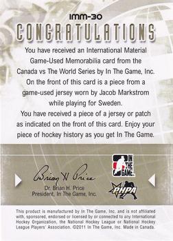 2011-12 In The Game Canada vs. The World - International Materials Silver #IMM-30 Jacob Markstrom Back
