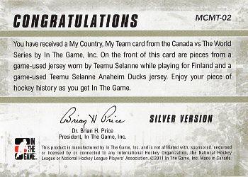 2011-12 In The Game Canada vs. The World - My Country My Team Silver #MCMT-02 Teemu Selanne Back