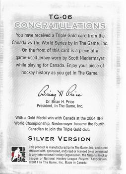 2011-12 In The Game Canada vs. The World - Triple Gold Silver #TG-06 Scott Niedermayer Back