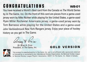 2011-12 In The Game Canada vs. The World - World's Best Gold #WB-01 Mike Richter / Ryan Miller / Tom Barrasso / John Vanbiesbrouck Back